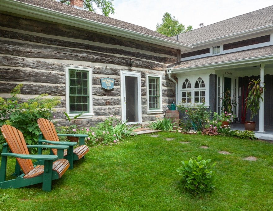 Exterior view of entrance to Leith Log Cabin