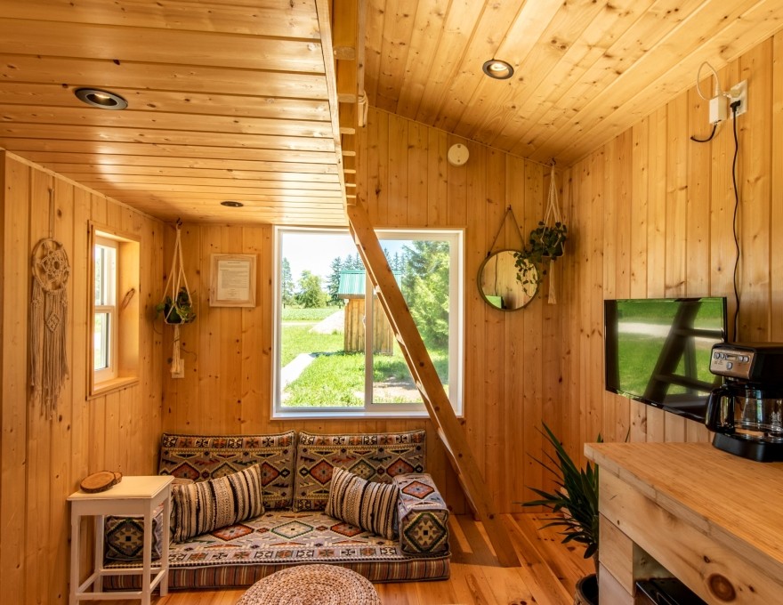 Interior of cabin showing couch, ladder and living space
