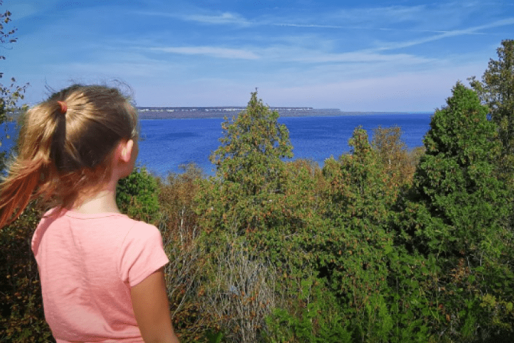 Colpoys Lookout Conservation Area  A young girl looking out at a view of trees and the water