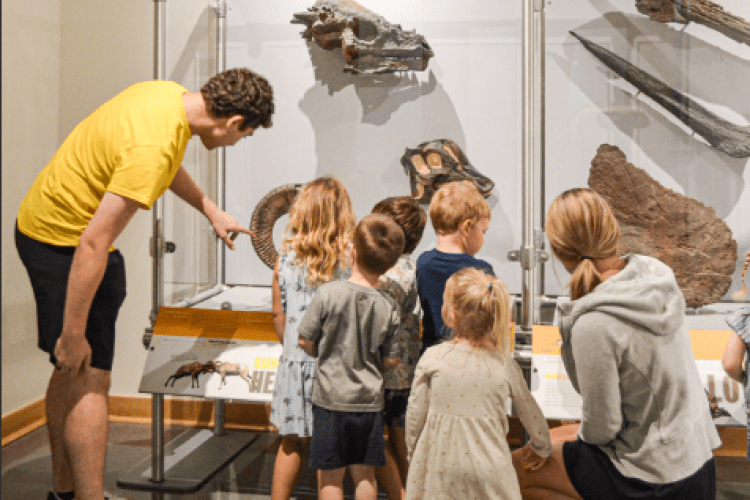 someone showing kids an exhibit at a museum