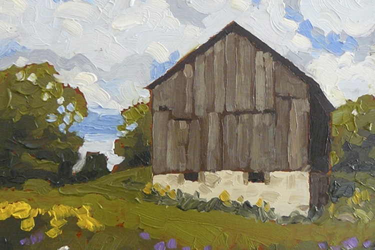 Village Barn, 6x6" oil painting by Barbara Pearn