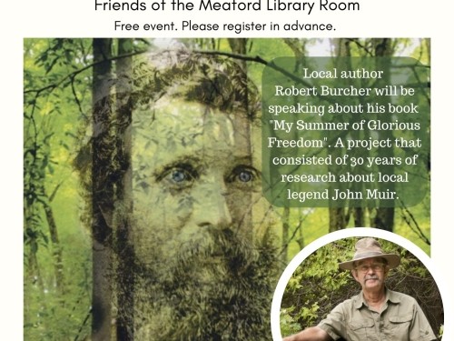 Image of John Muir in the trees with Robert Burcher in a circle in front