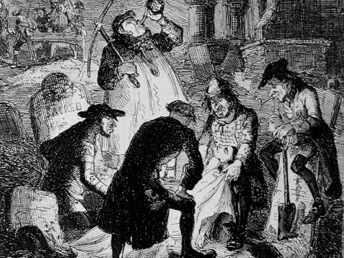 Black and white illustration of five individuals in a graveyard exhuming a body, with tombstones in the background and tools like a shovel and pickaxe in use.
