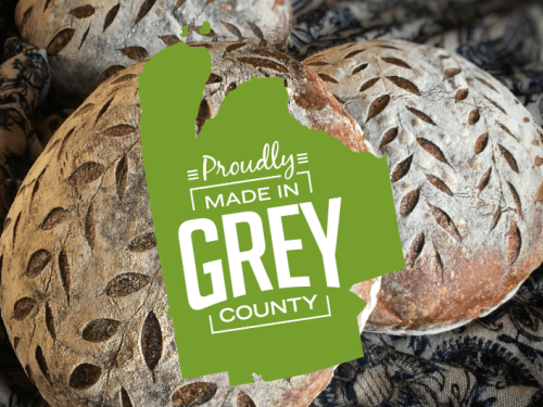 artisan sourdough bread from Doughville bakery and Made in Grey logo