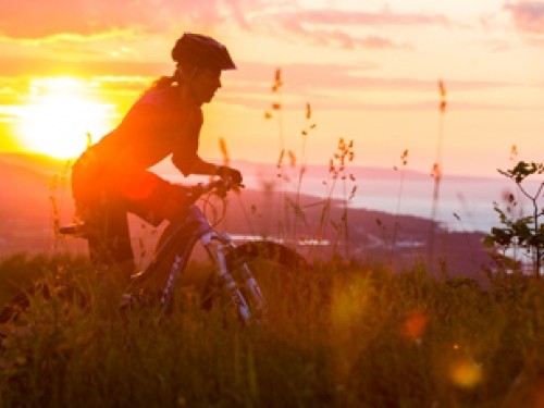 Person cycling with the sunset behind them