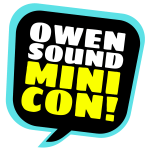 Blue and black word bubble with the words Owen Sound Mini Con in white and yellow