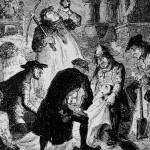 Black and white illustration of five individuals in a graveyard exhuming a body, with tombstones in the background and tools like a shovel and pickaxe in use.