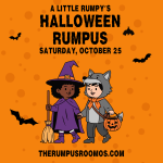 event poster with two cartoon kids in costumes holding hands
