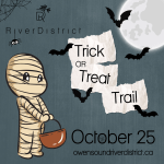 event poster with a mummy wrapped child, bats and text over ripped paper