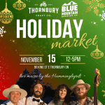 Poster advertising holiday market with green and red theme, gold and white snowflakes