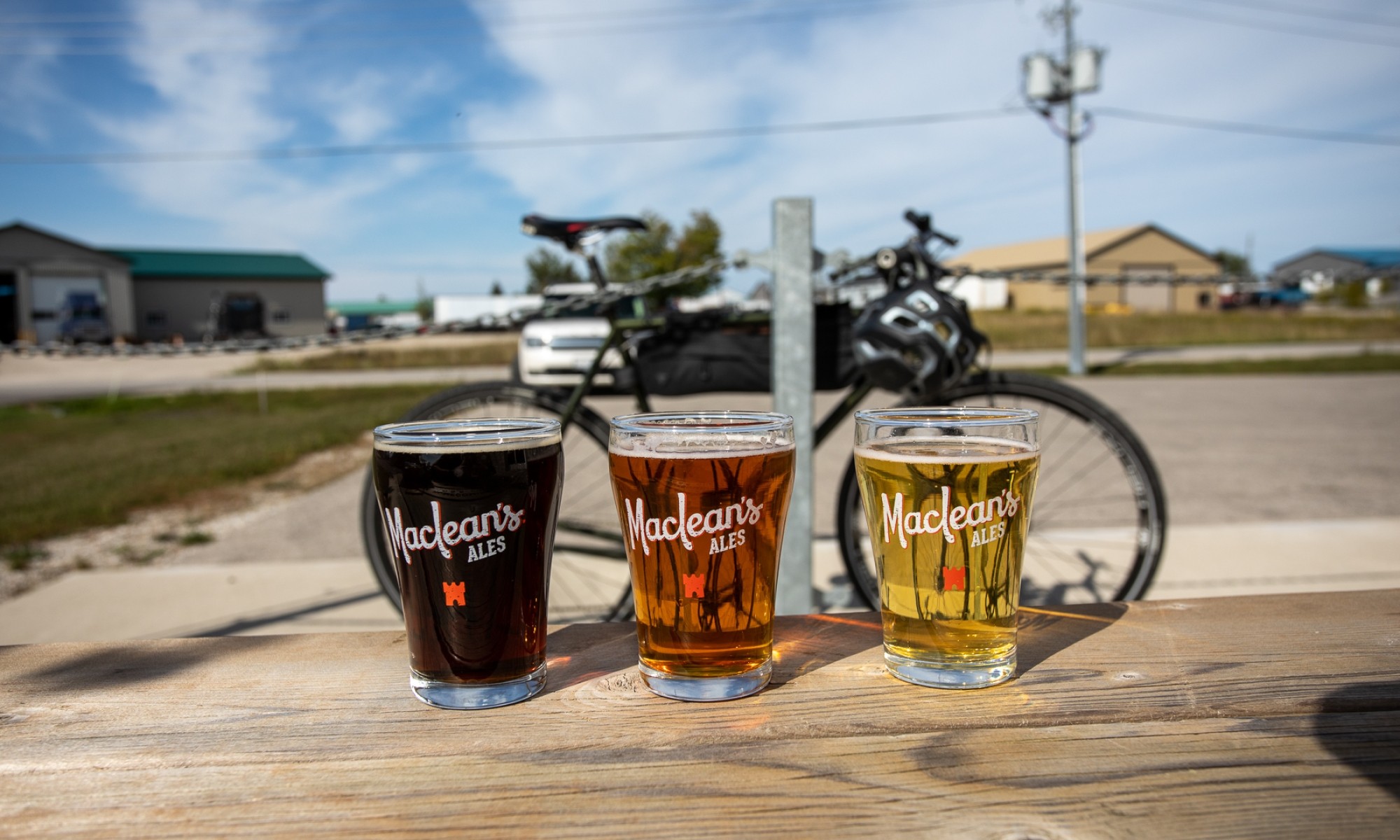 MacLean's Ales Flight of Beer in front of Bike
