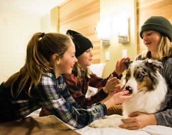 three kids petting their dog on a bed
